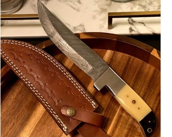 Hand Forged Damascus Steel Bowie Hunting Knife, Camel Bone Handle, Leather Sheath