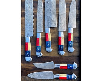 American flag hand forged Damascus steel chef set of kitchen knives 7 pieces, knife Set with chopper/cleaver with leather sheath