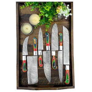 Hand forged Damascus steel chef set of kitchen knives 7 pieces of professional utility, knife Set with chopper/cleaver with leather sheath