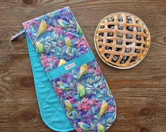 Double Oven Mitt, Bird Print Kitchen Decor, Cotton Heat Protection Gift For Her