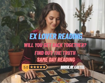 May include: A woman in a burgundy top is seated at a table, with tarot cards laid out. Text overlay reads "EX LOVER READING, WILL YOU GET BACK TOGETHER?, FIND OUT THE TRUTH, SAME DAY READING." A rating of 5.0 stars and "HOUSE OF CASTEL" are also displayed.