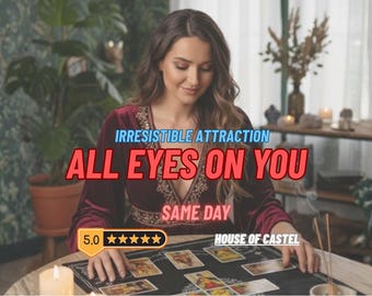 Op de afbeelding: Een vrouw in een bordeauxrode fluwelen jurk zit aan een tafel met tarotkaarten. De tekst "IRRESISTIBLE ATTRACTION ALL EYES ON YOU SAME DAY" wordt weergegeven. Een beoordeling van 5,0 sterren en de woorden "HOUSE OF CASTEL" zijn ook zichtbaar.
