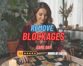 May include: A woman in a burgundy velvet top sits at a table with tarot cards. Text on the image reads "REMOVE BLOCKAGES SAME DAY". A gold badge displays a 5-star rating. The words "HOUSE OF CASTEL" are also visible.