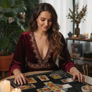 May include: A woman in a burgundy velvet dress with gold embroidery sits at a round table, reading tarot cards. The table is covered with a black cloth and lit by candles. Incense smoke rises, creating a mystical atmosphere.