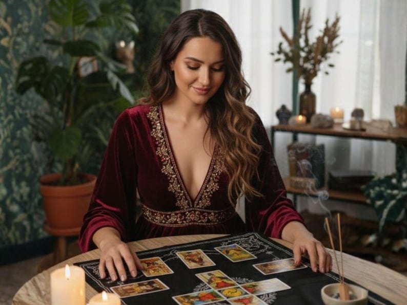 May include: A woman in a burgundy velvet dress with gold embroidery sits at a round table, reading tarot cards. The table is covered with a black cloth and lit by candles. Incense smoke rises, creating a mystical atmosphere.