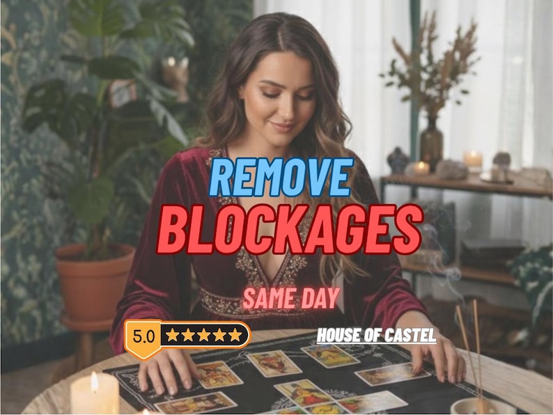 May include: A woman in a burgundy velvet top sits at a table with tarot cards. Text on the image reads "REMOVE BLOCKAGES SAME DAY". A gold badge displays a 5-star rating. The words "HOUSE OF CASTEL" are also visible.