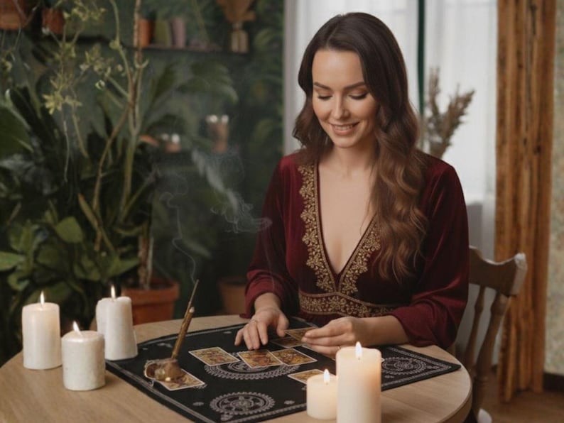 May include: A woman in a burgundy dress with gold embroidery sits at a round table, reading tarot cards. Lit candles and an incense burner are on the table. A black mat with a circular design is under the cards.