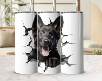 3D Cute German Shepherd Puppy, Breakout Design, 20oz Skinny Tumbler Sublimation, PNG. Puppy Tumbler wrap, Transparent background