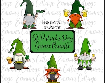 Puede incluir: Un conjunto de cinco imágenes digitales de clipart que representan gnomos vestidos de verde y blanco para el Día de San Patricio. Los gnomos sostienen jarras de cerveza, ollas de oro y tréboles. El texto "St. Patrick's Day Gnome Bundle" se muestra en letras verdes sobre un fondo verde.