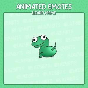 Puede incluir: Un gráfico digital con el texto ANIMATED EMOTES LIZARD-MEME en la parte superior. Debajo del texto hay una ilustración de dibujos animados de un pequeño lagarto verde con grandes ojos blancos y una cola fina, sobre un fondo verde claro con marca de agua.