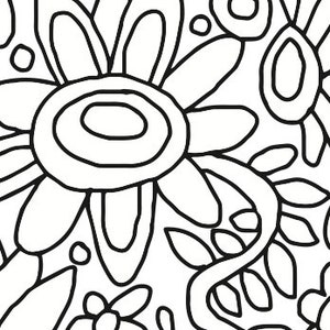 Pu&ograve; includere: Disegno in bianco e nero di fiori e foglie stilizzati. I fiori hanno pi&ugrave; petali e un cerchio al centro. Le foglie sono lunghe e sottili.