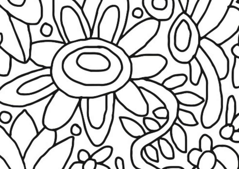 Pu&ograve; includere: Disegno in bianco e nero di fiori e foglie stilizzati. I fiori hanno pi&ugrave; petali e un cerchio al centro. Le foglie sono lunghe e sottili.