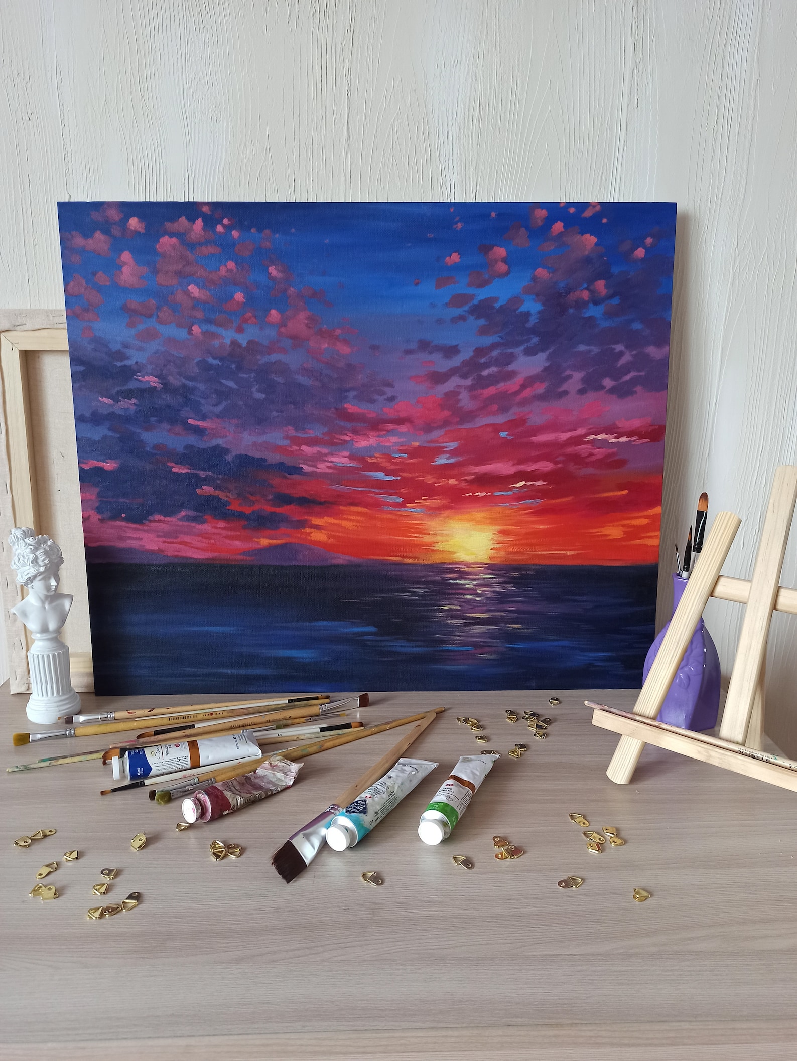 Oil Painting With Pink Sunset Sunset Seascape Realistic Etsy