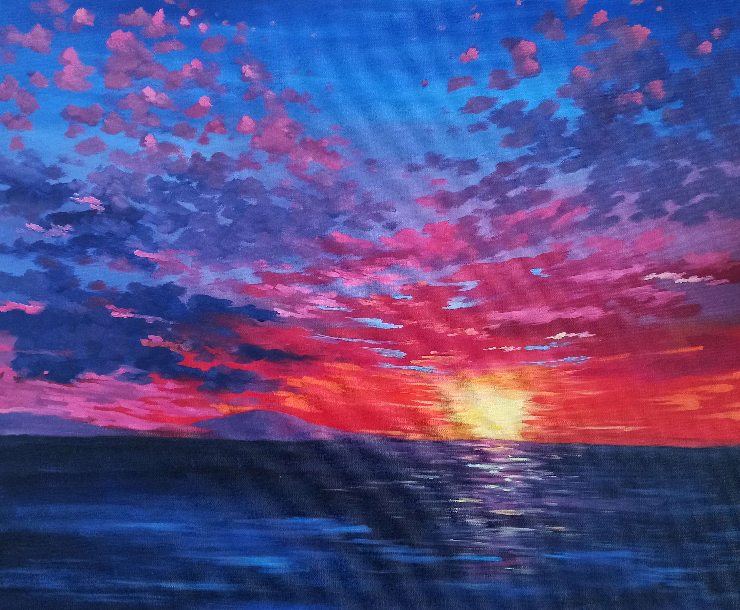 Oil Painting With Pink Sunset Sunset Seascape Realistic Etsy