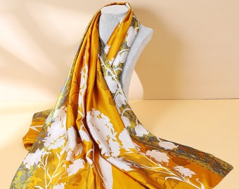 Mustard Yellow Silk Scarf, Almond Blossom Print Mustard Yellow 100% Silk Scarves Blossom Design Scarf, luxury wear