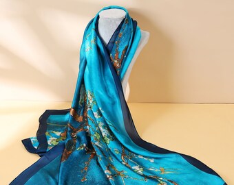 Foulard en soie Van Gogh, amandier turquoise, foulards 100 % soie foulard design fleur d'amandier, vêtements de luxe