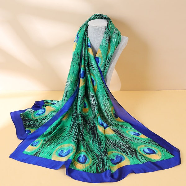 Peacock print lebendige Farbe 100% Seidenschal | Luxus-Schal | Frauen Hijab | Kopf Haar wickeln | Leuchtende Farbe