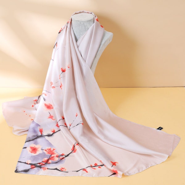 Foulard de luxe 100 % soie pêche floral fantaisie, bandana pour cheveux, châle de style satin de soie pure, hijabs en soie de printemps, turbans pour filles