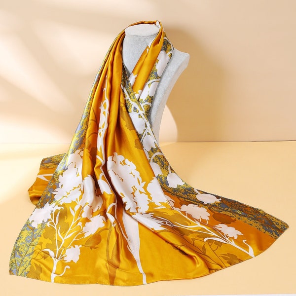 Mustard Yellow Silk Scarf, Almond Blossom Print Mustard Yellow 100% Silk Scarves Blossom Design Scarf, luxury wear