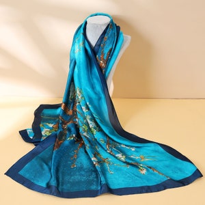 Van Gogh Silk Scarf, Almond Blossom Turquoise 100% Silk Scarves Blossom Design Scarf, luxury wear