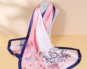 100% Silk Scarf Luxury Scarf in Pink and Navy Petal Print Women’s Hijab Head Hair Wrap Vibrant Colour Breathable All season Wear