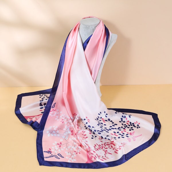 100% Silk Scarf Luxury Scarf in Pink and Navy Petal Print Women’s Hijab Head Hair Wrap Vibrant Colour Breathable All season Wear