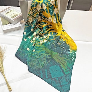 100% Silk Scarf Dark Green Gold Tree Luxury Summers Scarf for Women Head Hair Wrap all season scarves Wear