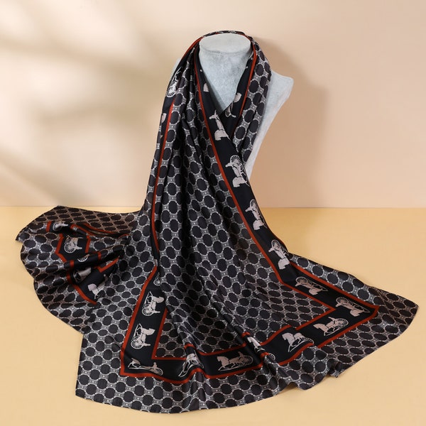 100% Silk Scarf Luxury Scarves Houndstooth Print Scarf Horse print border Womens Head Hair Wrap Vibrant Colour Breathable all season scarves