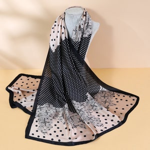 Luxury 100% Silk Scarf Black and Cream White Polka dot Pattern Print Women’s Hijab Head Hair Wrap Vibrant Colour Breathable All season Wear