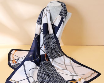 Winter 100% Silk Scarf, Navy and Golden Abstract Box Pattern with Chains Design Scarf, luxury wear, all season wear