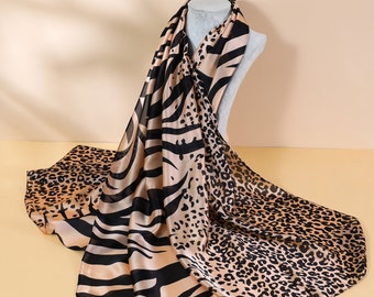 100% Silk Leopard Print Black Brown Silk Scarves Animal Design Scarf, luxury wear, soft touch Lightweight breathable scarf