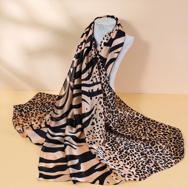 100% Silk Leopard Print Black Brown Silk Scarves Animal Design Scarf, luxury wear, soft touch Lightweight breathable scarf