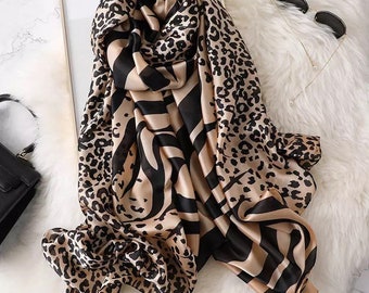 Twin Leopard Black Wool Silk Scarf