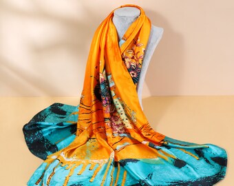 100% Silk Scarf Peacock print vibrant colour Luxury Scarf | Wedding Scarf | Women’s Hijab | Head Wrap | Hair Wrap