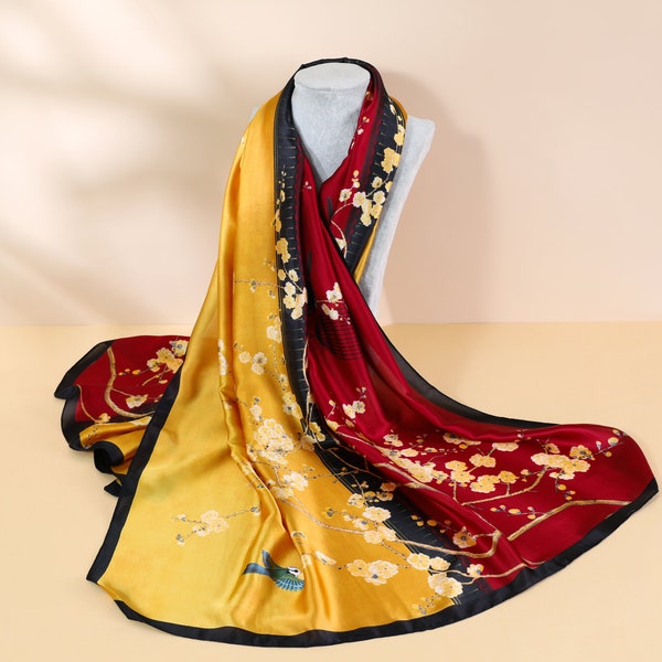 100% Silk Scarf Luxury Scarves Floral Print Scarf print Womens Head Hair Wrap Vibrant Red and Yellow Coloured Breathable all season scarves