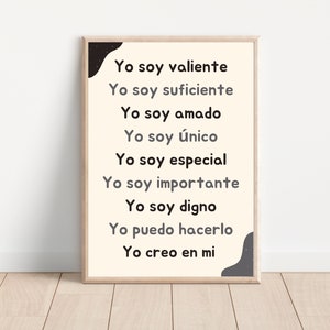 Afirmaciones en español "Yo Soy", decoración de aula para niños españoles, póster de afirmaciones positivas, póster motivacional, arte de pared en español.