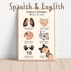 Póster bilingüe de técnicas de calma en español, habilidades de calma, estrategias de calma, tabla de calma, rincón de calma para preescolar, guardería, aula.