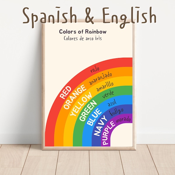Poster bilingue spagnolo colori arcobaleno, nomi di colori, colore bilingue, la parola colori in spagnolo per decorazioni colorate in classe, Homeschool.
