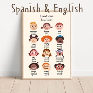 Afiche de emociones bilingüe, afiche de sentimientos español-inglés imprimible, todos los sentimientos son bienvenidos aquí.