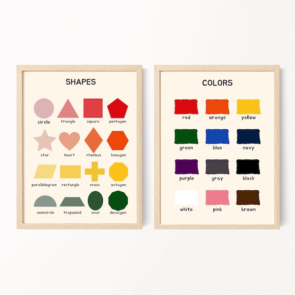 Set of 2 Shapes and Colors Poster, Shapes and Colors Printable, Shapes Poster, Colors Poster.