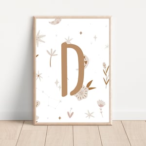 Impressão de letra D boho, arte de letra para impressão, letra para quarto infantil e parede infantil, decoração de letra boho, placa de nome personalizada.