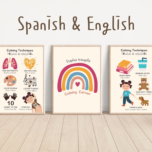 Set Of 3 Educational Posters,Bilingual Spanish Emotion Regulation ,Calming Corner,Calming Strategies for Spanish Classroom Decor.