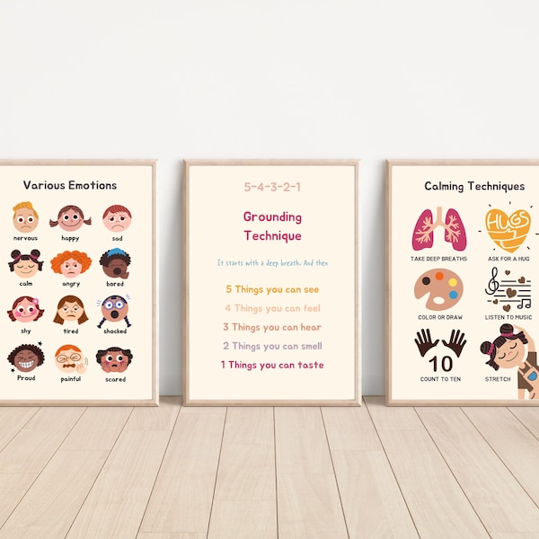 Set Of 3 Calm Down Corner for Kids,Grounding Technique Calming Poster, Learn Feelings,Printable Emotion Regulation for Toddlers / Preschool.