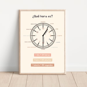 May include: A printable poster with a clock face and Spanish text that says "¿Qué hora es?" which translates to "What time is it?" The clock face has numbers 1 through 12 and the words "en punto", "y cinco", "y diez", "y cuarto", "y veinte", "y veinticinco", "y media", "menos cinco", "menos diez", "menos cuarto", "menos veinte", "menos veinticinco". Below the clock face is text that says "1 día = 24 horas", "1 hora = 60 minutos", and "1 minuto = 60 segundos".