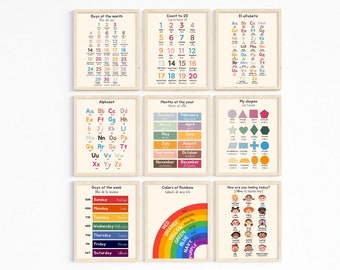 Poster educativi bilingue in spagnolo: Arte per la cameretta dei bambini che studiano a casa (Download digitale)
