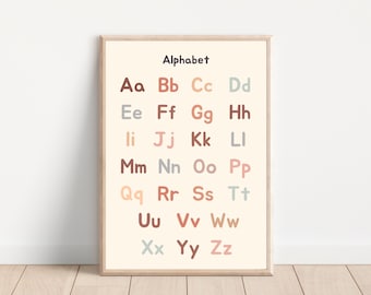May include: A printable alphabet chart with the letters A through Z in a variety of colors and fonts. The letters are arranged in two columns, with the lowercase letters below the uppercase letters. The background is a light beige color.