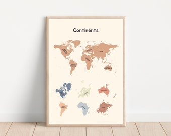 World Map Wall Art Poster,Continents Map  Print,Boho World Map Prints for Children Room Decor.