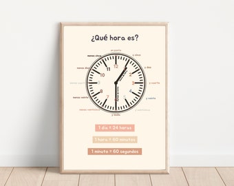 May include: A printable poster with a clock face and Spanish text that says "¿Qué hora es?" which translates to "What time is it?" The clock face has numbers 1 through 12 and the words "en punto", "y cinco", "y diez", "y cuarto", "y veinte", "y veinticinco", "y media", "menos cinco", "menos diez", "menos cuarto", "menos veinte", "menos veinticinco". Below the clock face is text that says "1 día = 24 horas", "1 hora = 60 minutos", and "1 minuto = 60 segundos".
