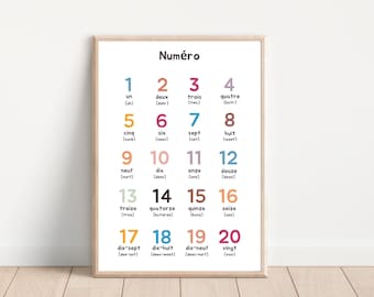 May include: A colorful chart with the numbers 1 through 20 in French. Each number is written in French with the pronunciation in brackets below. The chart is on a white background with a wooden frame.