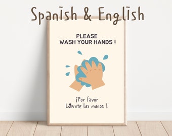 Décoration de salle de classe bilingue espagnol, affiche imprimable, panneau Lavez-vous les mains pour le préscolaire.